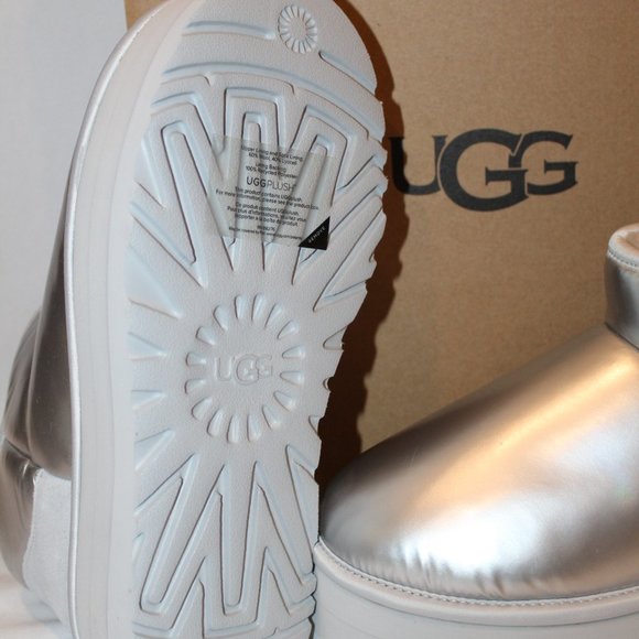 NIB UGG WOMEN'S ULTRA MINI PLATFORM PUFFER SHINY METALLIC SLIVER BOOTS - Picture 6 of 7